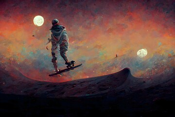 a skateboarder on the moon surrealism style painting hyper detailed 8k epic light 