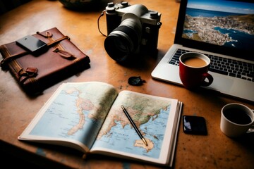AI generated illustration of a traveller's table with the world map, a camera, laptop and coffee