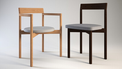 A pair of simple but modern chairs made of wood. 3d rendering illustration.