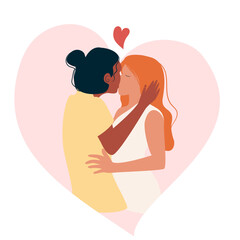 Multiethnic gay couple are proud to be. Young homosexuals gay couple love each other. Element lgbt and gay parade, protest. Vector illustration with lgbt girls.