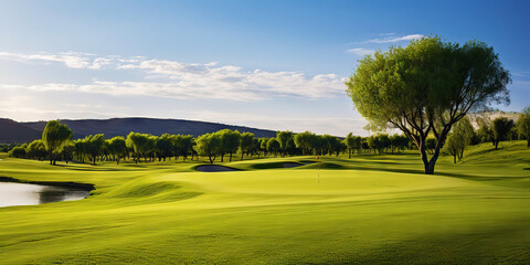 Panoramic view of Golf Course. Golf field with a rich green turf beautiful scenery. Generative AI