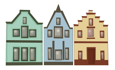 Sketch Three houses in the town. Green, blue, yellow.