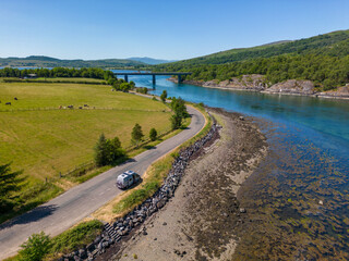 Fototapeta premium Drone photo of a camper next to a beautiful Loch Creran in scotland