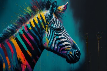AI generated illustration of Aavibrant striped zebra stands out against a black background