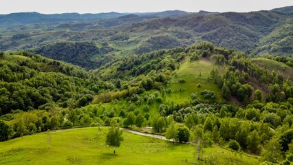 Tranquil landscape with an expansive green valley filled with trees and rolling hills - obrazy, fototapety, plakaty