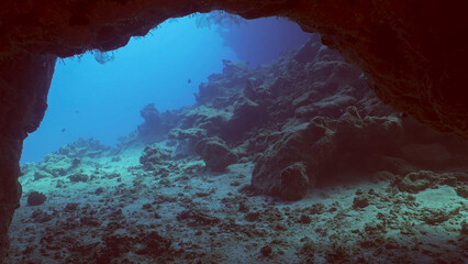 Coral caves on sunny day in bright sunlight, Backlighting (Contre-jour) Red sea, Safaga, Egypt