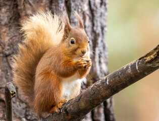 Naklejka na ściany i meble Inquisitive red squirrel perched on a tree branch nibbling on a seed