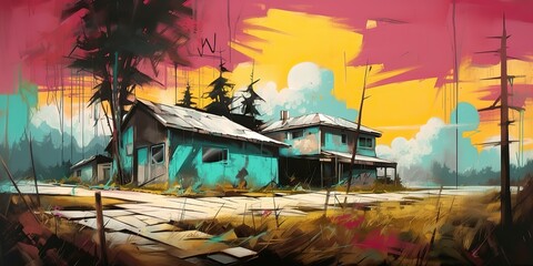 AI Generated. AI Generative. Illustration background of yellow vintage retro field landscape. Ink paint brush drawing abstract graffiti art. Graphic Art Illustration