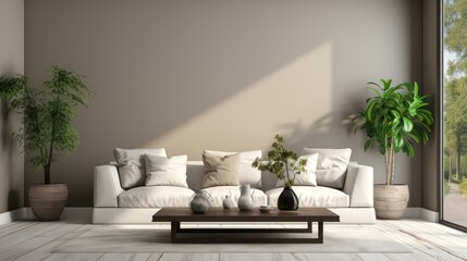 Modern interior design of living room with white sofa, coffee table, soft stucco wall. Created with generative AI.