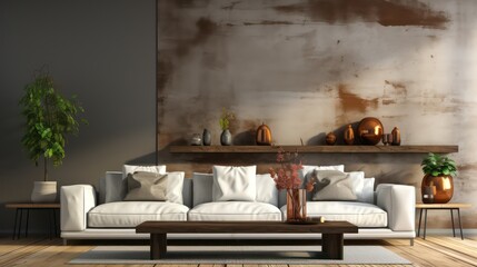 Modern interior design of living room with white sofa, coffee table, soft stucco wall. Created with generative AI.