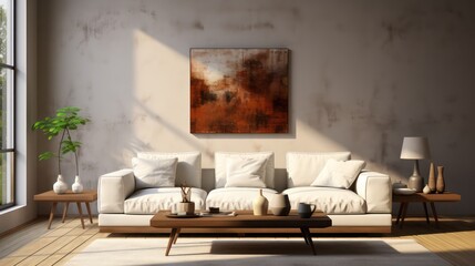 Fototapeta na wymiar Modern interior design of living room with white sofa, coffee table, soft stucco wall. Created with generative AI.