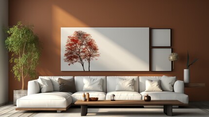 Modern interior design of living room with white sofa, coffee table, soft stucco wall. Created with generative AI.