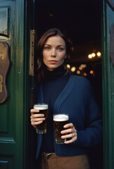 young woman on two beers in an Irish pub