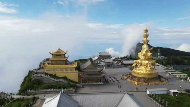 Aerial video of the The Golden Summit of Mount Emei in Sichuan Province, China