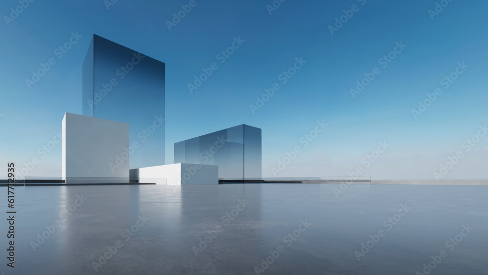 Poster 3d render of abstract futuristic glass architecture with empty concrete floor.
