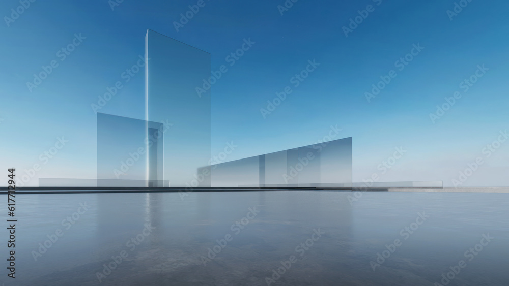 Fototapete 3d render of abstract futuristic glass architecture with empty concrete floor.