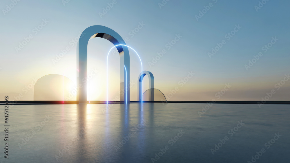 Aufkleber 3d render of abstract futuristic arch architecture with neon light and empty concrete floor.