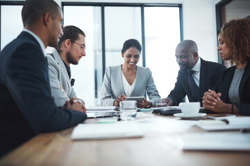 Business people, manager and group in a meeting, tablet and check stock market with planning,...