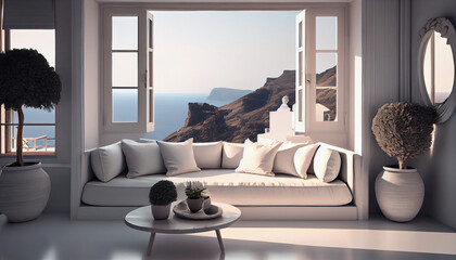 Luxury apartment terrace Santorini Interior of modern living room sofa or couch with beautiful sea view Ai generated image