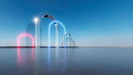 3d render of abstract futuristic arch architecture with neon light and empty concrete floor. - 617712979