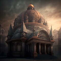 temple with its shining copper dome on the roof in a medieval city gray fantasy art  - obrazy, fototapety, plakaty