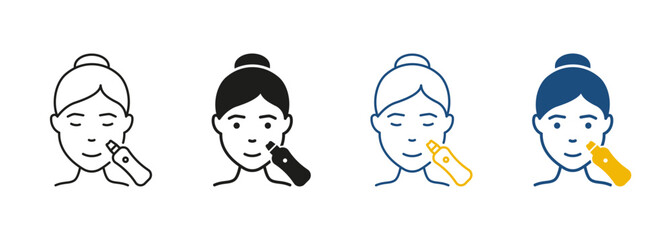Facial Ultrasonic Cleansing for Woman Line and Silhouette Icon Set. Skin Beauty Procedure Symbol Collection. Face Peeling, Cleansing with Ultrasound Device Pictogram. Isolated Vector Illustration