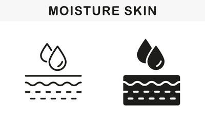 Skin Layer Absorb Water Drop, Anti Dry Skincare Symbol Collection. Skin Moisture Concept Line and Silhouette Black Icon Set. Moisturizing Face and Body Skin Pictogram. Isolated Vector Illustration