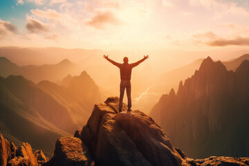 a man on top of a mountain with his arms outstretched, created by a neural network, Generative AI technology
