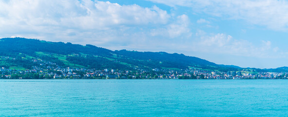 Switzerland, XXL panorama view to rohrschach city houses buildings from lakeside at bodensee lake...