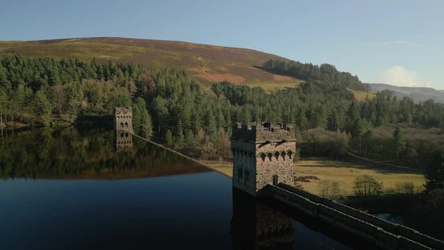 Aerial view of the historic Derwent dam, Hope valley, Derbyshire on a gloomy day