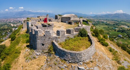 Fototapeta premium Aerial view of the ruins of the Rozafa Castle located in the city of Shkoder in Albania