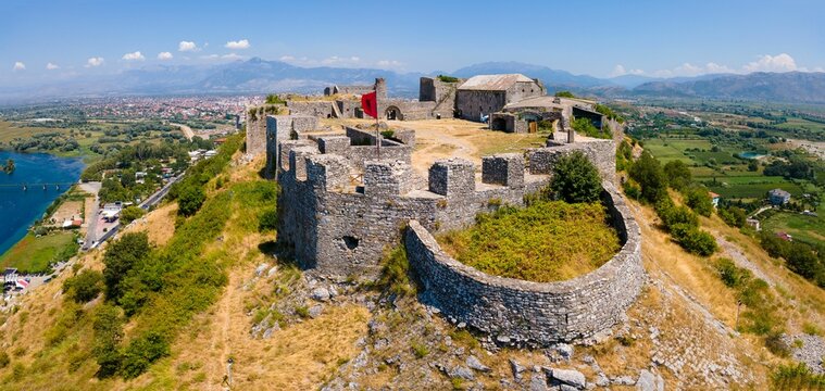 Aerial view of the ruins of the Rozafa Castle located in the city of Shkoder in Albania