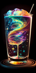 Unearthly antigravity cocktail resting on the counter, with colorful turbulence, mixes realistic and fantastical elements, rainbowcore, dark orange and light blue. AI generated image