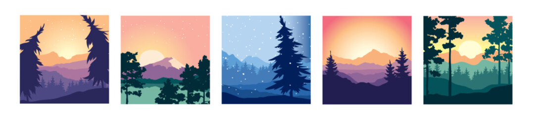 Abstract night nordic landscape with forest. Set vector illustrations, wallpapers. Twilight, sunset.	