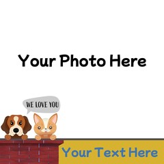Cute dog and cat with we love you text and holding space for photo and text on white background