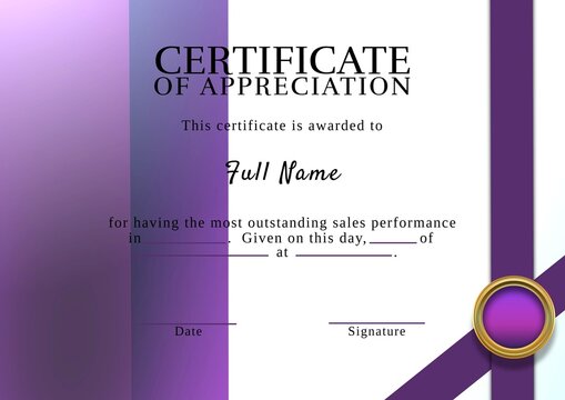 Certificate of appreciation in sales text with holding text for details, with purple bands on white