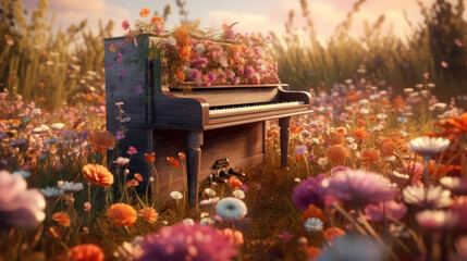 Naklejka na ściany i meble Old piano in flowers and set in a grassy field
