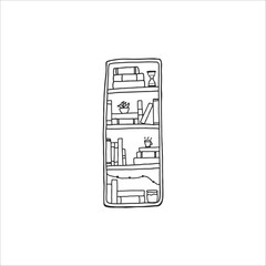 Doodle style bookshelves for notebooks, posters, postcards. Books on the shelf. Vector EPS 10