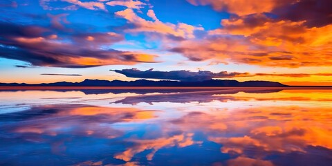 Fototapeta na wymiar AI Generated. AI Generative. Bolivia salt lake. Pink clouds reflect on water lake surface. Adventure travel vacation outdoor nature vibe. Graphic Art