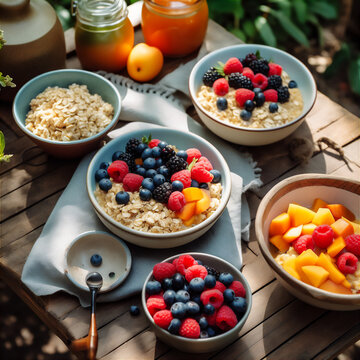 AI generative image of breakfast served on the table with oatmeal with fresh berries and fruit.