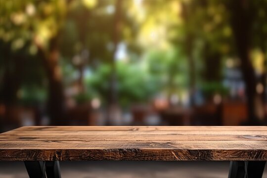 Empty wooden table surface with blurred background. For product display or montage. Generative Ai image