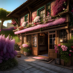Fototapeta na wymiar Charming retro cottage covered in blooming flowers. Amazing fantasy landscape. Digital illustration. CG Artwork Background