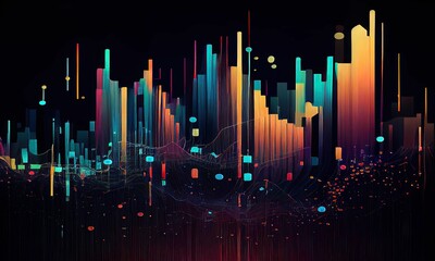 Abstract background with colorful data shapes and visualizations on dark background - AI Generated