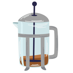 Coffee French press. Coffee maker icon, symbol, emblem for coffee shop, cafeteria, cafes. Hand drawn vector illustration in doodle style