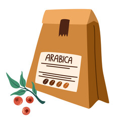 Craft package with coffee. Suitable for coffee shops, restaurants, morning routine. Hand drawn vector illustration in doodle style