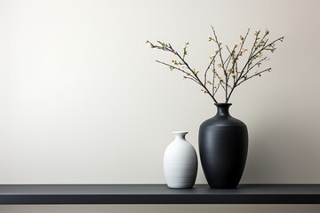 a simple house a wooden shelf with a vase of blossoming branches against a white background AI Generative