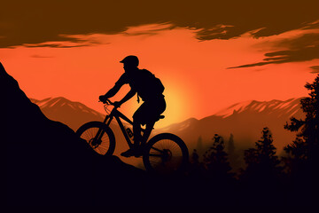 Silhouette of a man flying through the air while riding a bike over the hills at sunset, looping, climber on top of it