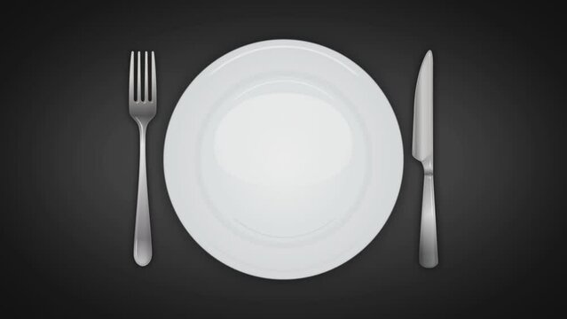 Dinner Invitation Background With Table Set/ 4k animation of a restaurant background tablecloth with an empty white plate, knife and fork dishes, appearing smoothly with ease in effect