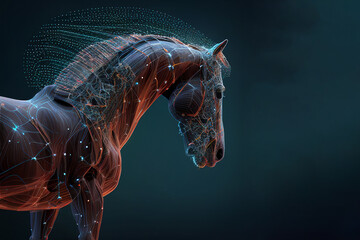 Neural network of a horse with big data and artificial intelligence circuit board in the body of the equine animal, outlining concepts of a digital brain, computer Generative AI stock illustration
