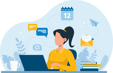 Vector of a woman working online.